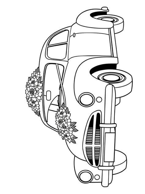 Ilustracja przedstawiająca udekorowany samochód ślubny z tablicami rejestracyjnymi i kwiatami.