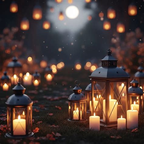Zdjęcie przedstawiające przyciemnione pomieszczenie z zapalonymi świecami i lampionami halloweenowymi.