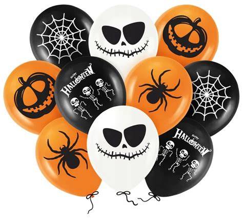 Ilustracja przedstawiająca balony ozdobione jako duchy i pająki.