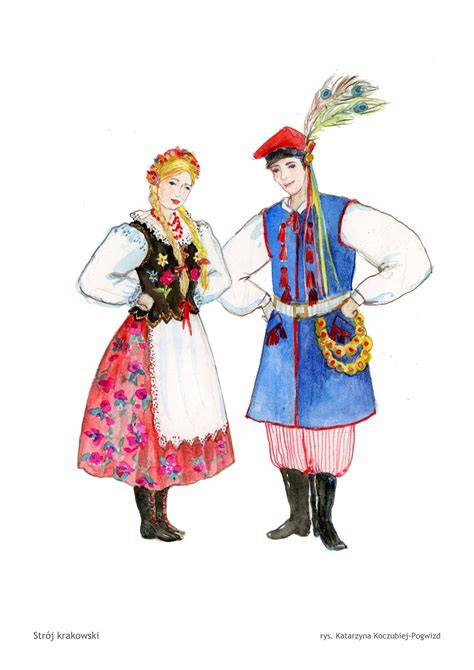 Ilustracja przedstawiająca tradycyjny strój weselny z jednego z regionów Polski.