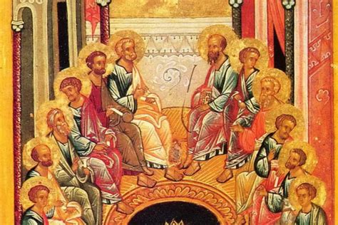 Ilustracja przedstawiająca Apostołów w Wieczerniku podczas zesłania Ducha Świętego