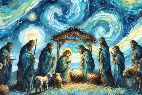 Ilustracja przedstawiająca scenę narodzenia Jezusa w stajence, z aniołami i pasterzami.