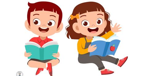 Ilustracja przedstawiająca dzieci pracujące z książkami i zeszytami ćwiczeń, symbolizująca naukę i zabawę.