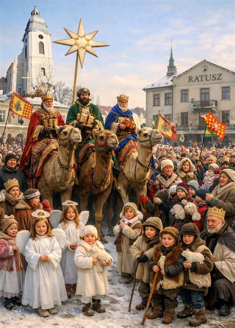 Dzieci w strojach aniołów, pasterzy i Trzech Króli śpiewające kolędę przy żłóbku.