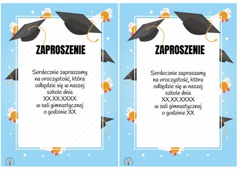 Kolaż prezentujący przykładowe szablony zaproszeń szkolnych: rozpoczęcie roku, pasowanie na ucznia, przedstawienie
