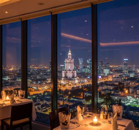 Elegancko nakryty stolik w restauracji z widokiem na miasto