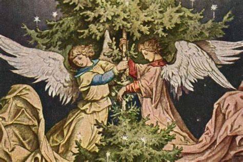 Ilustracja przedstawiająca aniołów ukazujących drogę pasterzom