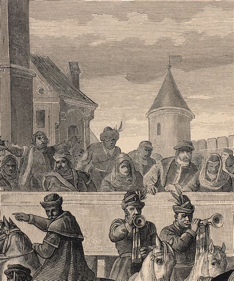 Ilustracja przedstawiająca scenę z turnieju rycerskiego, być może gonitwę lub walkę pieszą