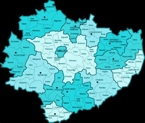 mapa województwa świętokrzyskiego z zaznaczonymi głównymi lokalizacjami dożynek