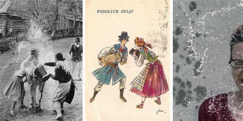 Ilustracja przedstawiająca ludzi oblewających się wodą podczas Śmigusa-Dyngusa
