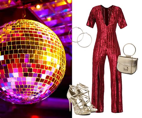 Stylizacja Disco Diva: cekinowy kombinezon, duże kolczyki, błyszczące dodatki.