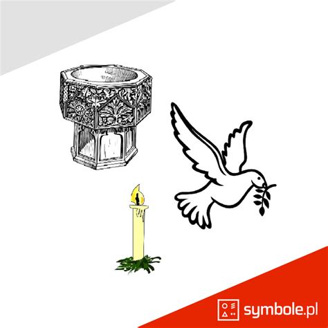 Ilustracja przedstawiająca symbole chrztu: woda, gołębica, krzyż.
