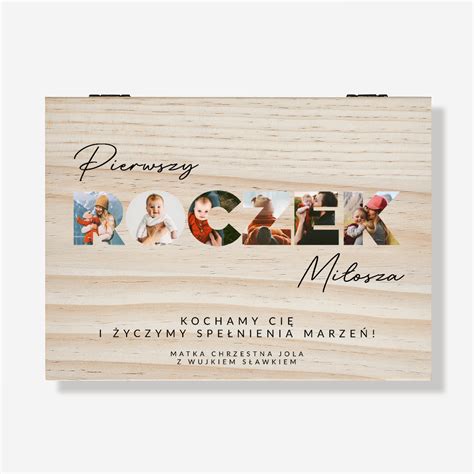Przykład personalizowanej kartki na roczek z miejscem na zdjęcie dziecka i jego imię.