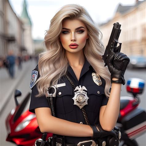Kobieta w stroju policjantki z akcesoriami: kajdanki, pałka, czapka.