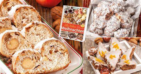 Kompozycja różnych niemieckich ciast i ciasteczek świątecznych, w tym Stollen i Lebkuchen.