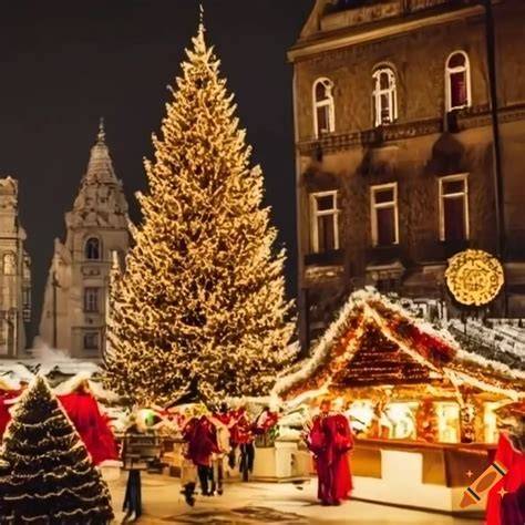 Zdjęcie tętniącego życiem jarmarku bożonarodzeniowego z kramami oferującymi jedzenie i napoje.