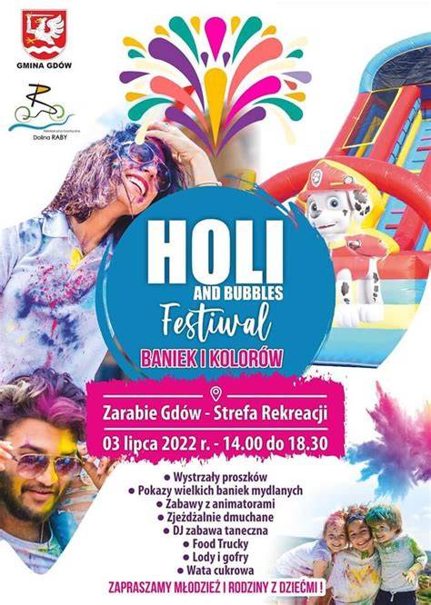 Infografika przedstawiająca atrakcje Holi Festival: ikony proszków, DJ-a, waty cukrowej, foodtrucków.