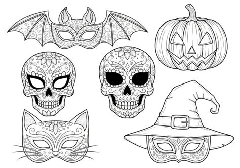 Ilustracja przedstawiająca różne maski na Halloween do pokolorowania, takie jak dynia, Frankenstein, szkielet, czarownica.