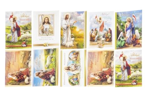 Zestawienie różnych wzorów kartek wielkanocnych: religijnych, ze świeckimi motywami i personalizowanych.