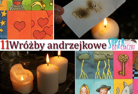 Ilustracja przedstawiająca różne symbole wróżb andrzejkowych, takie jak wosk, buty, serce z imieniem i kubki.