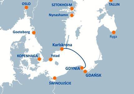 Mapa pokazująca trasę rejsu promem Stena Line z Gdyni do Karlskrony