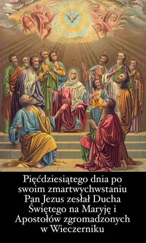 Ilustracja przedstawiająca Maryję i Apostołów w Wieczerniku, modlących się i oczekujących Ducha Świętego.