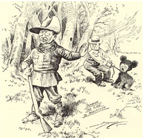 Ilustracja przedstawiająca prezydenta Theodore'a Roosevelta odmawiającego strzału do małego niedźwiadka