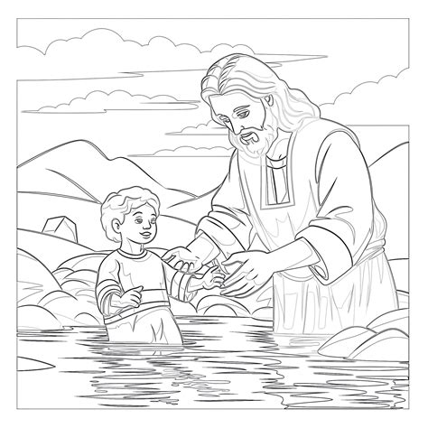 Ilustracja przedstawiająca Jezusa przyjmującego chrzest od Jana Chrzciciela nad rzeką Jordan.