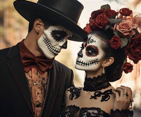 Makijaż typu Sugar Skull, z kolorowymi wzorami kwiatów i linii wokół oczu na białej bazie