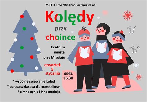 Ilustracja przedstawiająca grupę ludzi śpiewających kolędy przy choince.