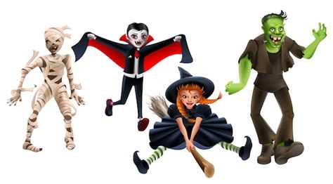 schematyczna grafika przedstawiająca różne klasyczne postacie halloweenowe: czarownicę, wampira, zombie, mumię, Frankensteina, wilkołaka