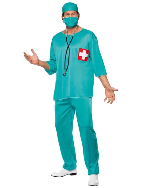 zdjęcie przedstawiające gotowy strój chirurga na Halloween, w kolorze niebieskim z krwawymi akcentami, z dodatkami takimi jak czepek i maska