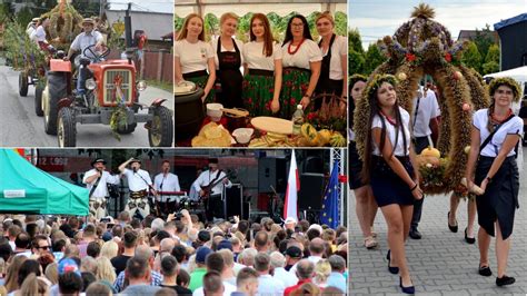 zdjęcie korowodu dożynkowego z wieńcami i kapelą ludową