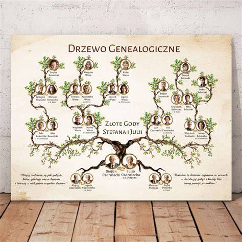 Ilustracja przedstawiająca drzewo genealogiczne z ramkami na zdjęcia członków rodziny.