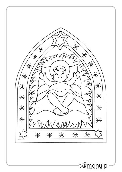 Ilustracja przedstawiająca Dzieciątko Jezus w żłóbku, otoczone prostymi, wiejskimi elementami, symbolizującymi ubóstwo i pokorę narodzin.