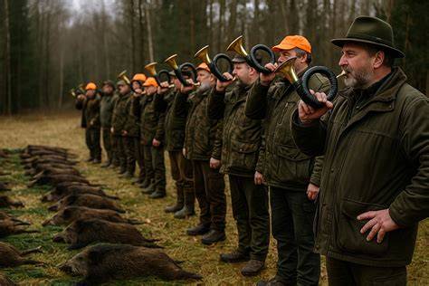 Zdjęcie przedstawiające pokot zwierzyny po polowaniu zbiorowym.