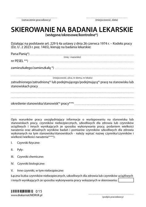 Przykładowy druk skierowania na badania lekarskie