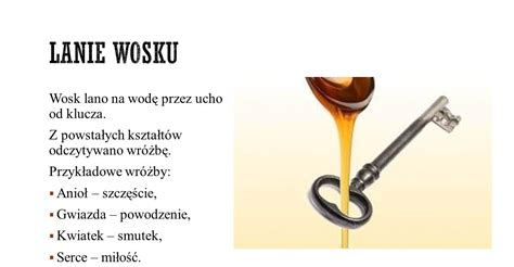 Grafika przedstawiająca schemat wróżby z lania wosku przez klucz.