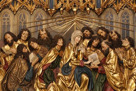Ilustracja przedstawiająca biblijną scenę zesłania Ducha Świętego na apostołów