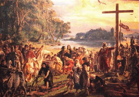 Symboliczny obraz przedstawiający Mieszka I jako chrześcijańskiego władcę
