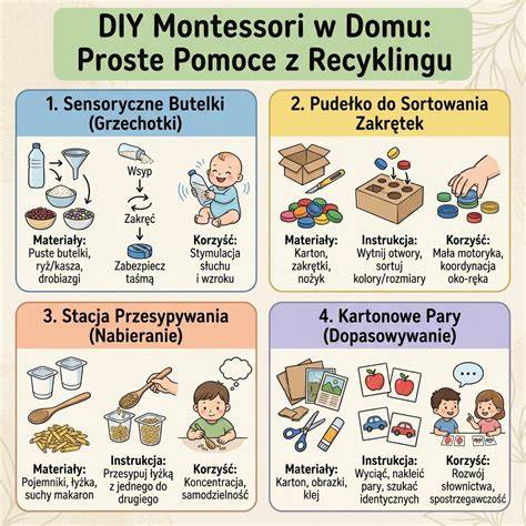 Ilustracja przedstawiająca różnorodne świąteczne ozdoby wykonane z materiałów recyklingowych, takie jak stroik z szyszek, papierowa choinka i dzwoneczki z plastikowych butelek.