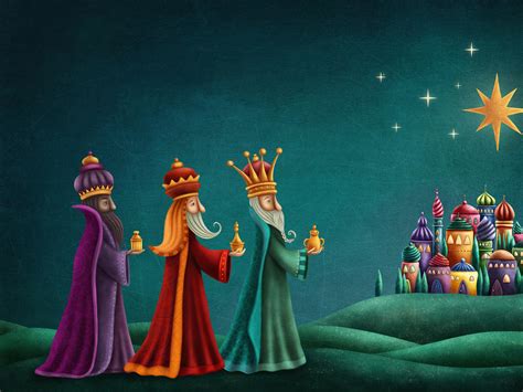 Ilustracja przedstawiająca Trzech Króli składających dary w stajence