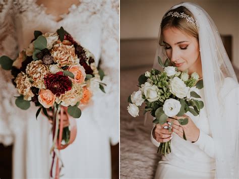 Kolaż zdjęć przedstawiający bukiety ślubne z róż w stylu glamour i boho