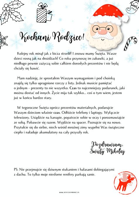 Ilustracja przedstawiająca przykładowy list do Świętego Mikołaja z rysunkami i ozdobnikami.