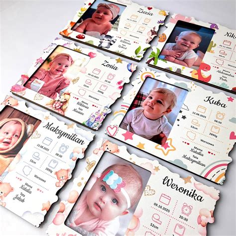 Przykładowa metryczka urodzeniowa dla dziecka z personalizowanymi danymi i uroczą grafiką.