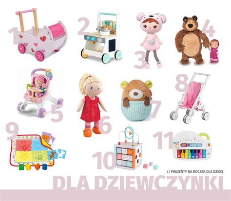 Kompilacja zdjęć różnych zabawek i prezentów idealnych na roczek dziecka.