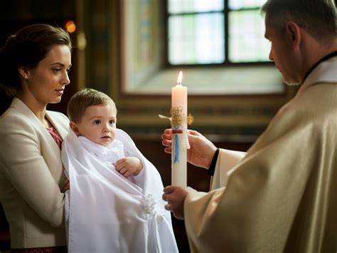 Zdjęcie przedstawiające białą szatkę i świecę chrzcielną.