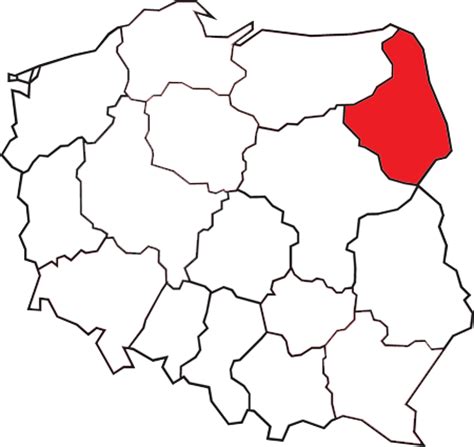 Mapa województwa podlaskiego z zaznaczonym obszarem Puszczy Knyszyńskiej i Supraśla