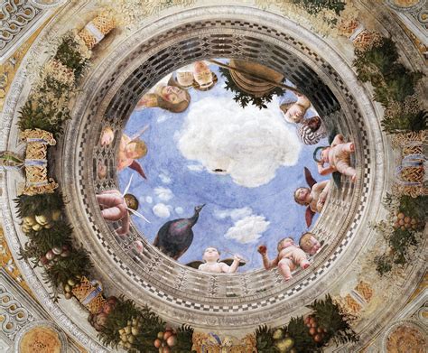 Ilustracja interaktywna przedstawia pracę Andrea Manegna „Oculus sklepienia w Camera degli Sposi”. Fresk przedstawia spoglądające z góry postacie. Wśród nich widać dzieci (amory), ptaka oraz starsze osoby. Pod postaciami widoczne są owoce. Nad postaciami widoczne jest niebieskie niebo z białymi chmurami. Dodatkowo na ilustracji umieszczono następujące informacje: 1. Pośrodku sklepienia Mantegna namalował otwór, przez który prześwituje niebo z chmurami. 2. Przez balustradę wychylają się służące. Na krawędzi balustrady siedzi paw, stoi cebrzyk, galerię podpierają figlarne putta. 3. Podstawa oculusa otoczona jest girlandą z ulistnionych gałęzi i owoców.