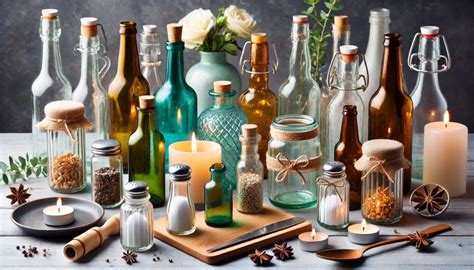 zdjęcie przedstawiające różne zastosowania małych butelek szklanych: alkohol, oliwa, perfumy